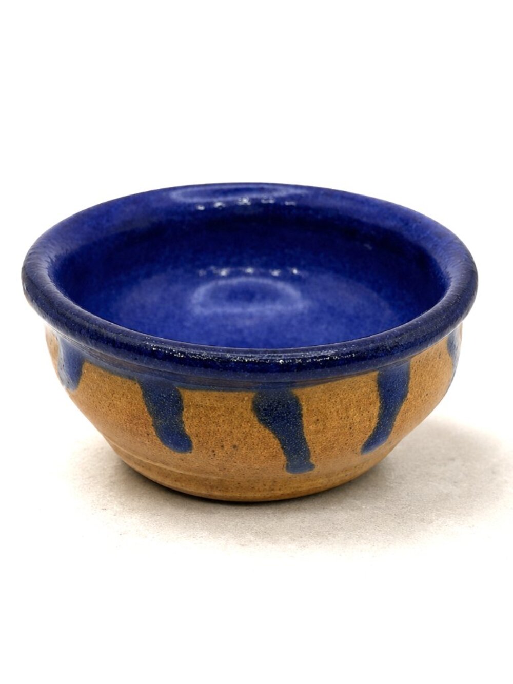 Signed SLJ 1992 Studio Pottery Bowl Blue Drip Glaze Rustic Ceramic Dish 4.25 In